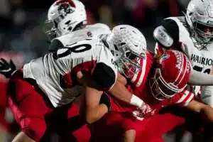 Westside High School Connor Wane (68) pancakes his man during a game between the Millard South and Omaha Westside in Omaha, NE on Sunday October 13th, 2023. Photo by Eric Francis