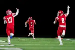 Millard South’s Dylan Kuhl runs in a pick six during a game between the Millard South and Omaha Westside in Omaha, NE on Sunday October 13th, 2023. Photo by Eric Francis