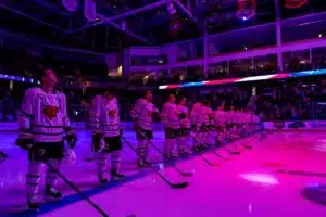 Omaha takes the ice during a game between the Niagra University and UNO in Omaha, NE on Saturday October 14th, 2023. Photo by Eric Francis