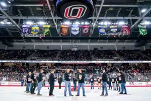 Omaha 2011 National champion wrestling team is honored during a game between the Niagra University and UNO in Omaha, NE on Saturday October 14tth, 2023. Photo by Eric Francis