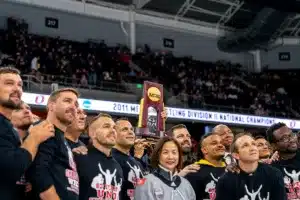 Omaha 2011 National champion wrestling team is honored during a game between the Niagra University and UNO in Omaha, NE on Saturday October 14tth, 2023. Photo by Eric Francis