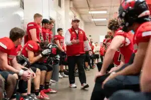 Westside High School head coach Paul Limongi delivers his pregame speech before a game between Lincoln North East and Westside in Omaha, NE on Thursday October 19tth, 2023. Photo by Eric Francis