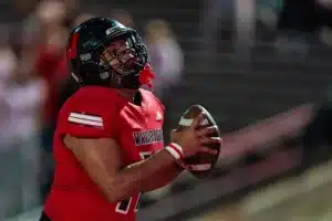 Westside High School defensive lineman Rj Eckhardt (11) scores a touchdown during a game between Lincoln North East and Westside in Omaha, NE on Thursday October 19tth, 2023. Photo by Eric Francis