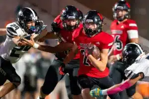 Westside High School Brody Goc (23) runs the ball during a game between Lincoln North East and Westside in Omaha, NE on Thursday October 19tth, 2023. Photo by Eric Francis