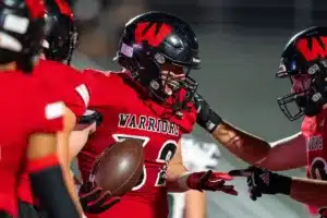 Westside High School Andrew Nielsen (32) celebrates a touchdown during a game between Lincoln North East and Westside in Omaha, NE on Thursday October 19tth, 2023. Photo by Eric Francis