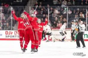 Ohio State celebrates a goal during a play off game between Ohio State and UNO Omaha, NE on Saturday October 28th, 2023. . Photo by Eric Francis
