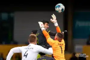 Pedro Dolabella tries to head a shot on goal during a play off game between the Charlotte and Omahai Omaha, NE on Saturday October 28th, 2023. . Photo by Eric Francis