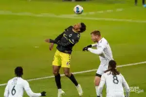 Union forward Lagos Kunga heads the ball during a play off game between the Charlotte and Omahai Omaha, NE on Saturday October 28th, 2023. . Photo by Eric Francis