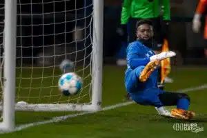 Union goal keeper Rashid Nuhu watches the winning PK slip by him during a play off game between the Charlotte and Omahai Omaha, NE on Saturday October 28th, 2023. . Photo by Eric Francis