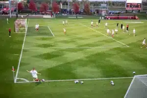 Nebraska Cornhuskers Sadie Waite (11) does a corner a kick waming up for the Purdue Boilermakers during a college soccer game on Thursday, October 19, 2023, in Lincoln, Nebraska. Photo by John S. Peterson.