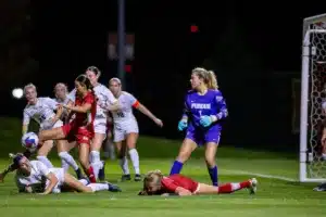 Nebraska Cornhuskers Haley Peterson (2) kicks the ball against the Purdue Boilermakers in the first half during a college soccer game on Thursday, October 19, 2023, in Lincoln, Nebraska. Photo by John S. Peterson.