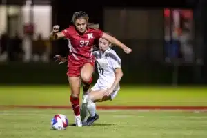 Nebraska Cornhuskers Jordan Zade (37) dribbles the ball against Purdue Boilermakers Brooke Haarala (11) in the first half during a college soccer game on Thursday, October 19, 2023, in Lincoln, Nebraska. Photo by John S. Peterson.