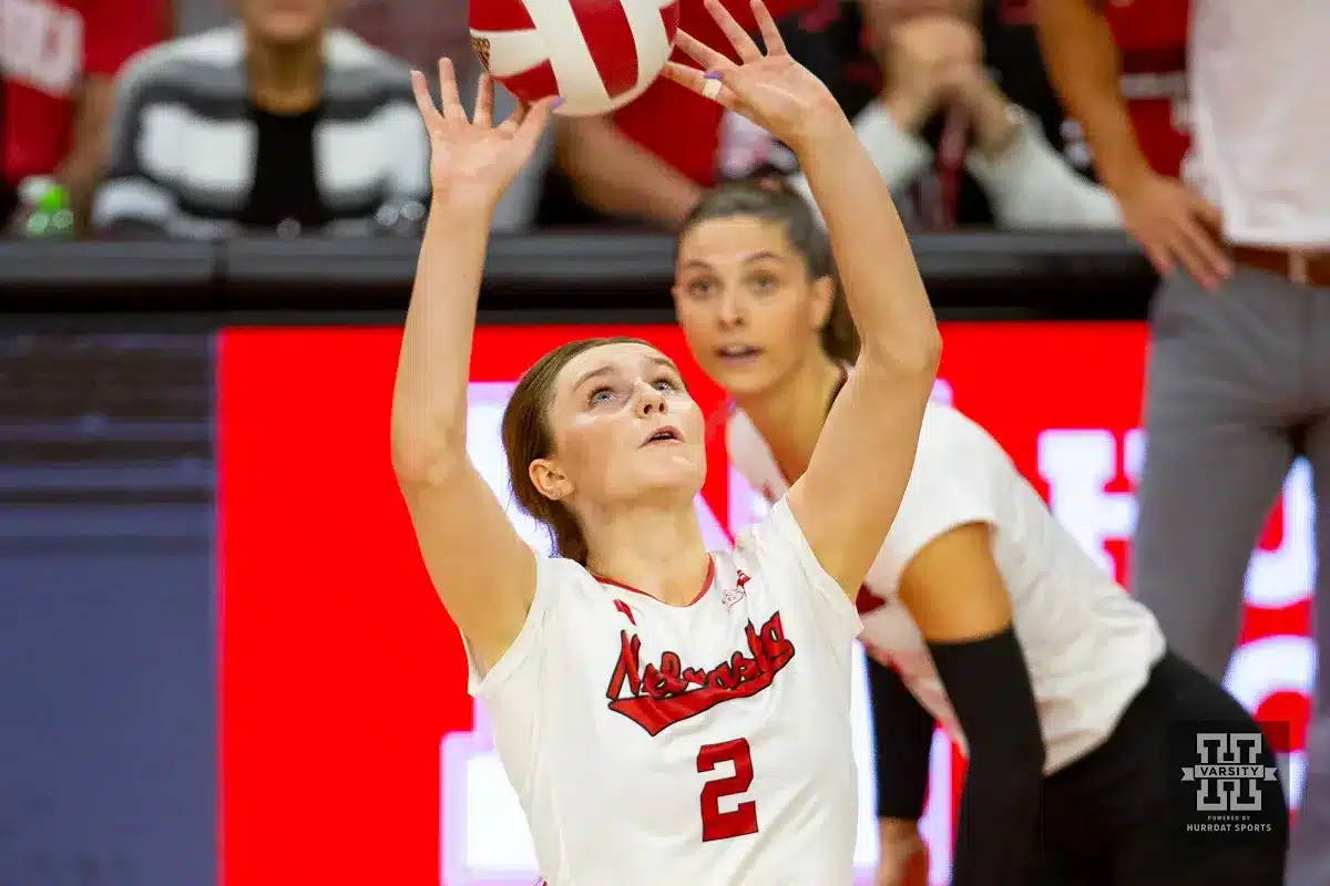 Nebraska Cornhusker Bergen Reilly (2) sets the ball against the Wisconsin Badgers in the fourth set during a college volleyball match on Saturday, October 21, 2023, in Lincoln, Nebraska. Photo by John S. Peterson.