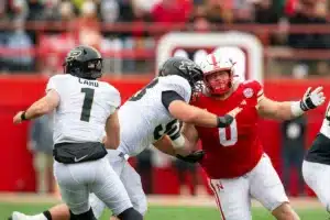 Nebraska Cornhuskers Nash Hutmacher (0) puts pressure on Purdue Boilermakers Hudson Card (1) in the first quarter during a college football game on Saturday, October 28, 2023, in Lincoln, Nebraska. Photo by John S. Peterson.