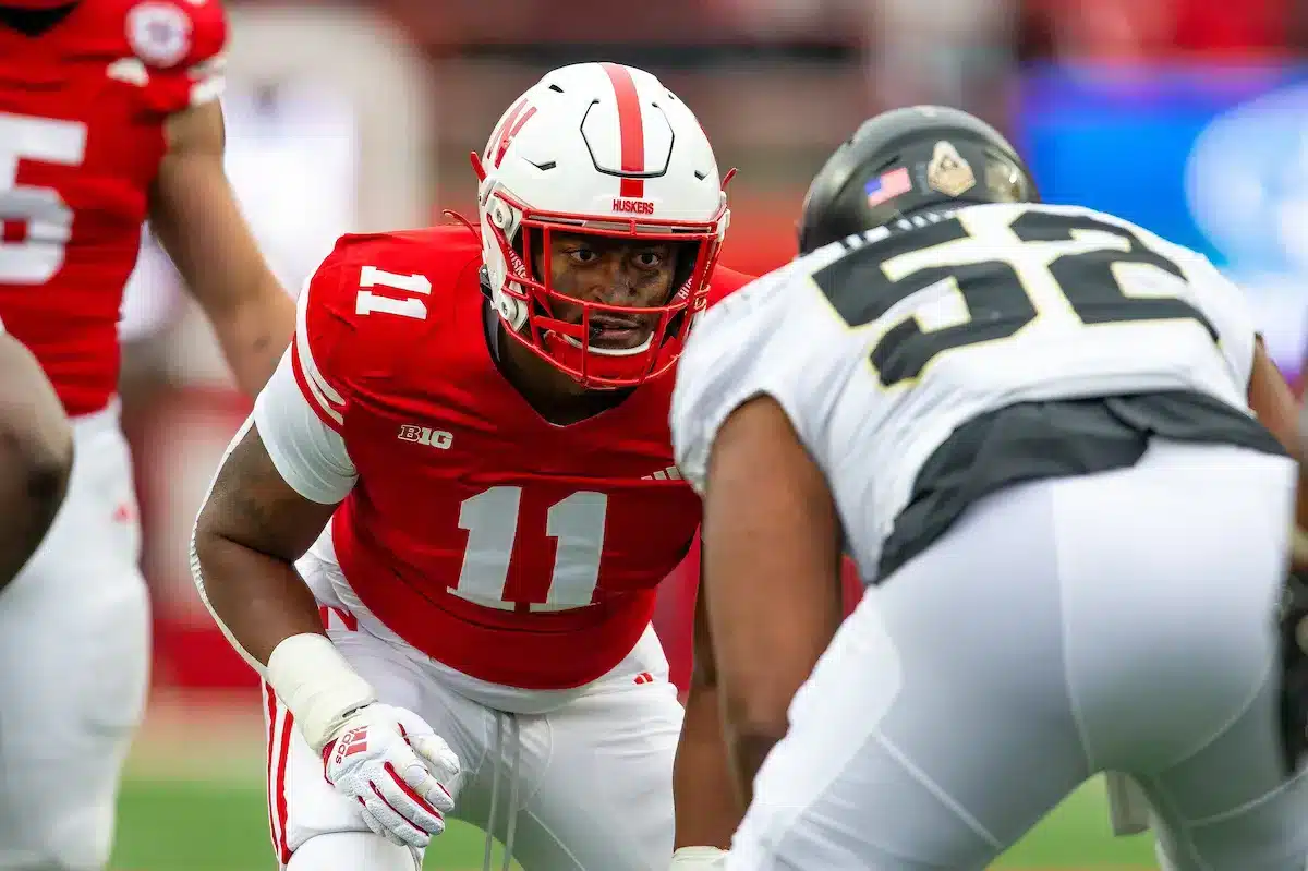 Nebraska Cornhuskers Cameron Lenhardt (11) lines up accross from Purdue Boilermakers Preston Nichols (52) in the first quarter during a college football game on Saturday, October 28, 2023, in Lincoln, Nebraska. Photo by John S. Peterson.