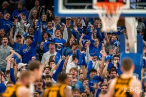 Creighton Bluejays fans cheer during a game between Iowa Hawkeyes and the Creighton Bluejays in Omaha, NE on Tuesday November 14th, 2023. Photo by Eric Francis