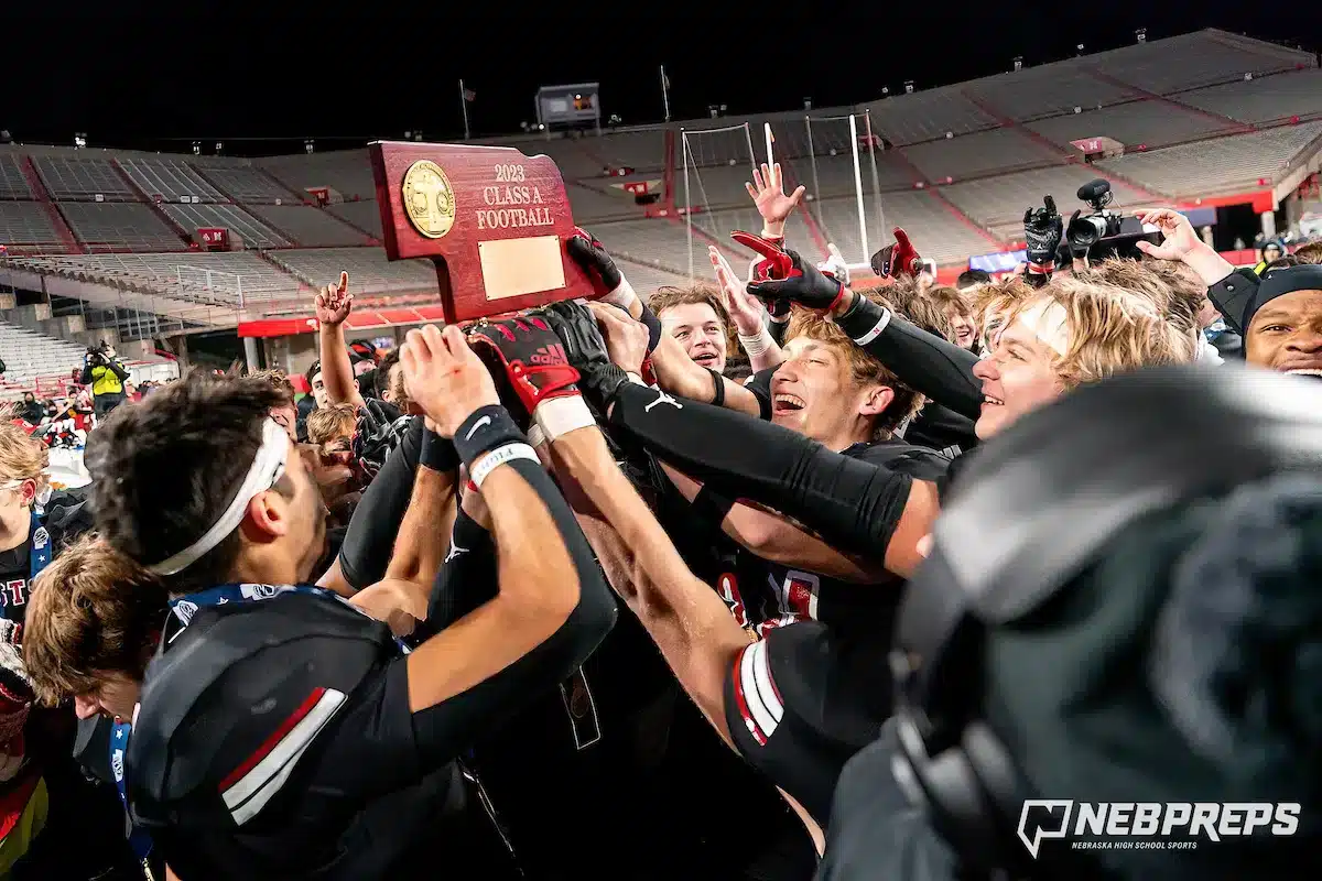 Westside Higih School players celebrate after a Class A State Championship[ game between Elkhorn South High School and Omaha Westside High School in Lincoln, NE on Tuesday November 21st, 2023. Westside defeated Elkhorn South 56-0. Photo by Eric Francis