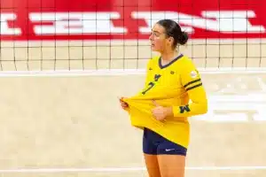 Nebraska Cornhusker Maisie Boesiger (7) gives a signal to her teammates against the Nebraska Cornhuskers in the third set during the volleyball match on Friday, November 17, 2023, in Lincoln, Nebraska. Photo by John S. Peterson.