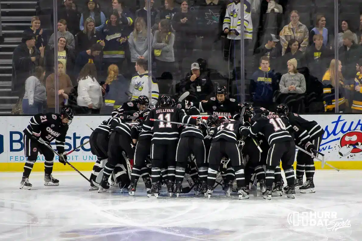 Omaha Mavericks huddles up before the hockey match against the Augustana Vikings on Saturday, November 25, 2023, in Lincoln, Neb. Photo by John S. Peterson.