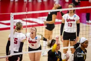 Nebraska Cornhusker Laney Choboy (6) reacts to a point by Andi Jackson (15) in the first set against the Missouri Tigers during the second round of the NCAA volleyball championships on Saturday, December 2, 2023, in Lincoln, Neb. Photo by John S. Peterson.