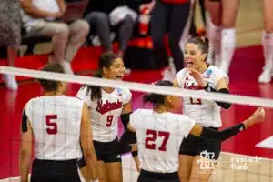 Nebraska Cornhuskers celebrates a point against the Missouri Tigers in the second set during the second round of the NCAA volleyball championships on Saturday, December 2, 2023, in Lincoln, Neb. Photo by John S. Peterson.