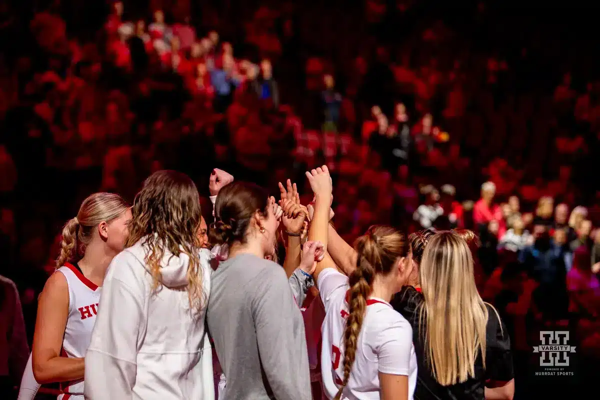 Nebraska Cornhuskers huddle up before taking on the UNC Wilmington Seahawks  during a college basketball game Tuesday, December 5, 2023, in Lincoln, Neb. Photo by John S. Peterson.