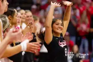 Nebraska Cornhusker Lexi Rodriguez (8) introdudced to the fans before taking the Georgia Tech Yellow Jackets during the third round in the NCAA Volleyball Championship match Thursday, December 7, 2023, Lincoln, Neb. Photo by John S. Peterson.