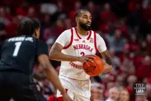 Nebraska Cornhusker guard Brice Williams (3) looks to make a pass against Michigan State Spartan guard Jeremy Fears Jr. (1) in the first half during the college basketball game Sunday, December 10, 2023, Lincoln, Neb. Photo by John S. Peterson.