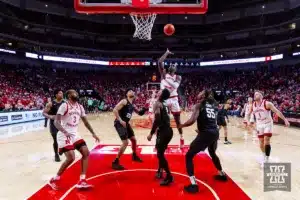 Nebraska Cornhusker forward Juwan Gary (4) makes a layup against the Michigan State Spartans in the second half during the college basketball game Sunday, December 10, 2023, Lincoln, Neb. Photo by John S. Peterson.