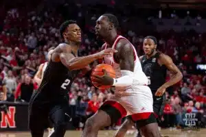 Nebraska Cornhusker forward Juwan Gary (4) drives to the basket against Michigan State Spartan guard Tyson Walker (2) in the first half during the college basketball game Sunday, December 10, 2023, Lincoln, Neb. Photo by John S. Peterson.