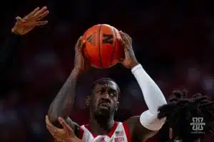 Nebraska Cornhusker forward Juwan Gary (4) looks to pass against the Michigan State Spartans during the college basketball game Sunday, December 10, 2023, Lincoln, Neb. Photo by John S. Peterson.