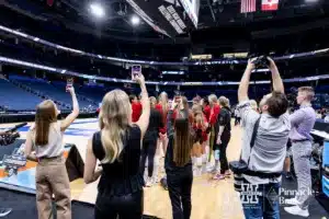 Nebraska Cornhuskers getting some media attention during open practice before the NCAA Semi-Finals, Wednesday, December 13, 2023, Tampa, Florida. Photo by John S. Peterson.