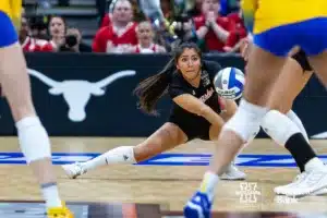 Nebraska Cornhusker libero Lexi Rodriguez (8) digs the ball in the third set against the Pittsburgh Panthers during the NCAA Semi-Finals, Thursday, December 14, 2023, Tampa, Florida. Photo by John S. Peterson.