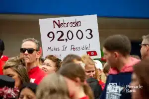 Nebraska Cornhusker fan holding a sign before the NCAA Finals against the Texas Longhorns on Sunday, December 17, 2023, in Tampa, Florida. Photo by John S. Peterson.