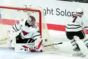 Omaha Mavericks goaltender Simon Latkoczy