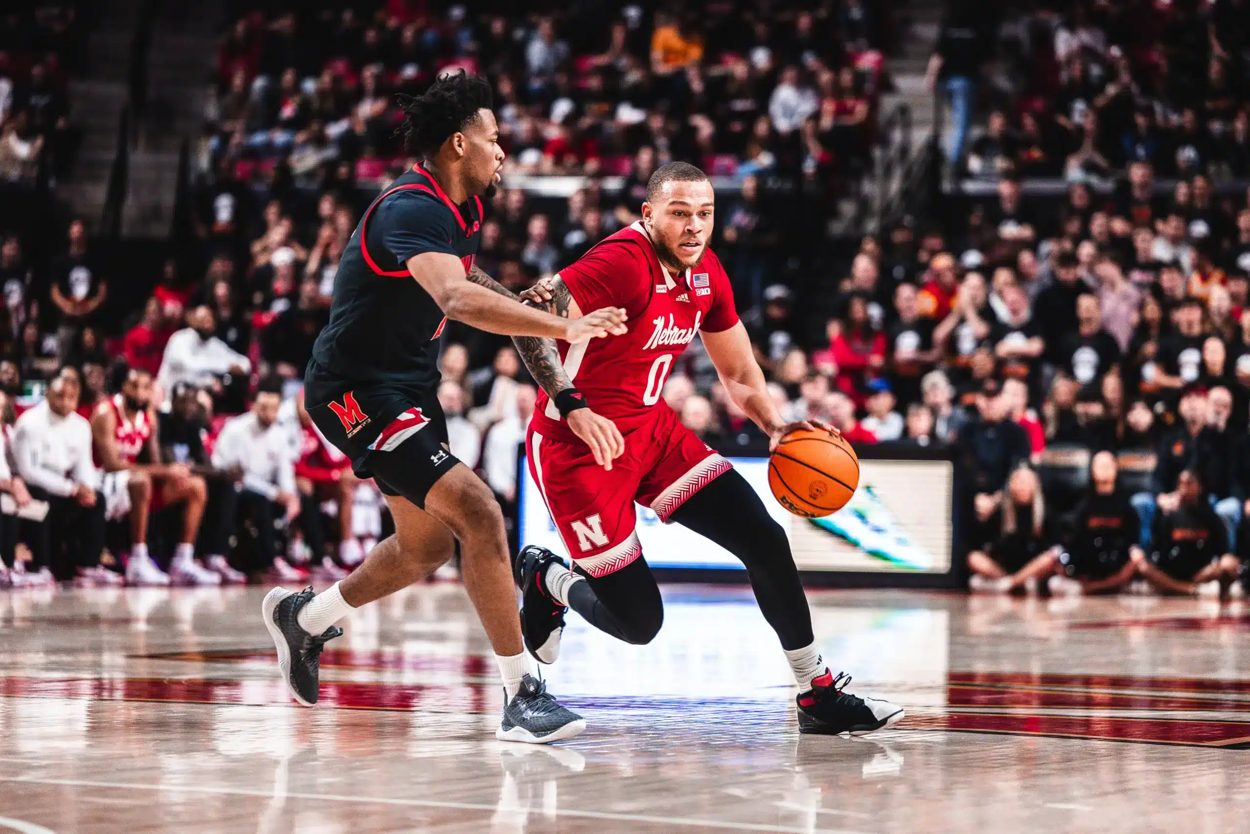 Nebraska guard C.J. Wilcher drives to the basket at Maryland.