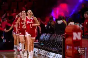 Nebraska Cornhusker guard Jaz Shelley (1) leads the Huskers out to take on the Michigan Wolverines during a college basketball game on Wednesday, January 17, 2024, in Lincoln, Nebraska. Photo by John S. Peterson.