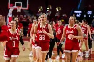 Nebraska Cornhuskers head back to the locker room after the win against the Michigan Wolverines during a college basketball game on Wednesday, January 17, 2024, in Lincoln, Nebraska. Photo by John S. Peterson.