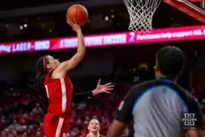 Nebraska Cornhusker guard Darian White (0) makes a lay up against the Michigan Wolverines in the secon half during a college basketball game on Wednesday, January 17, 2024, in Lincoln, Nebraska. Photo by John S. Peterson.