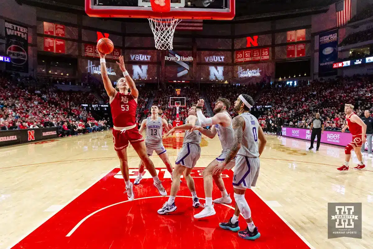 Nebraska Cornhusker forward Josiah Allick (53) makes a lay up against the Northwestern Wildcats in the first half during a college basketball game on Saturday, January 20, 2024, in Lincoln, Nebraska. Photo by John S. Peterson.