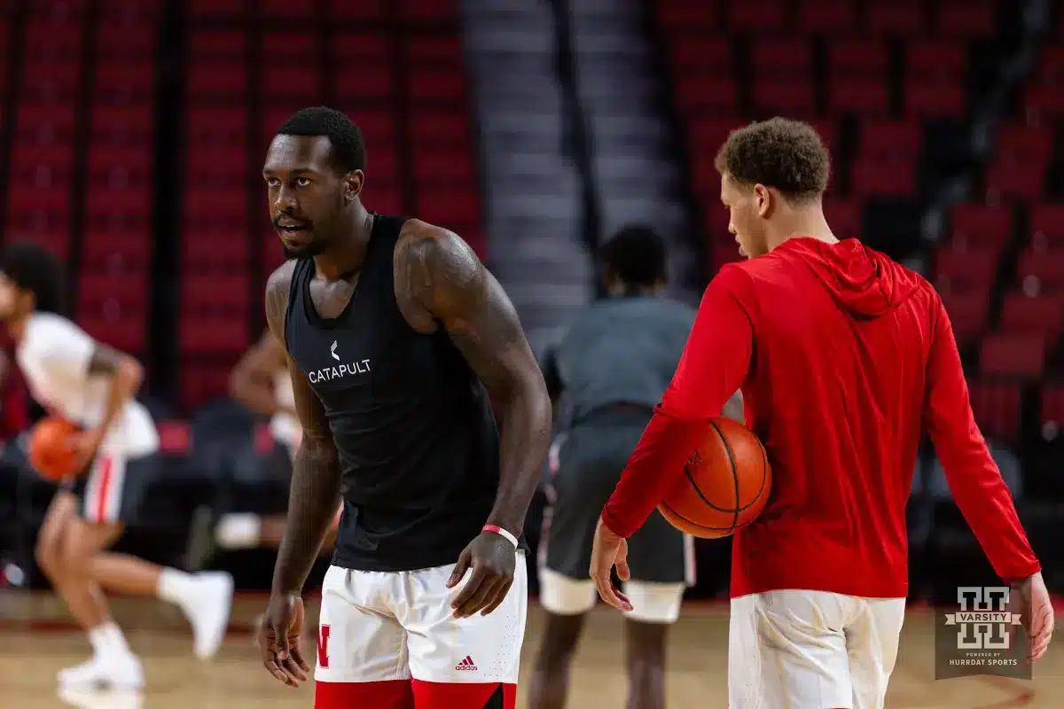 Nebraska Cornhusker forward Juwan Gary (4) warms up before taking on Ohio State Buckeyes during a college basketball game on Tuesday, January 23, 2024, in Lincoln, Nebraska. Photo by John S. Peterson.