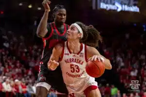 Nebraska Cornhusker forward Josiah Allick (53) drives into Ohio State Buckeye center Felix Okpara (34) in the first half during a college basketball game on Tuesday, January 23, 2024, in Lincoln, Nebraska. Photo by John S. Peterson.