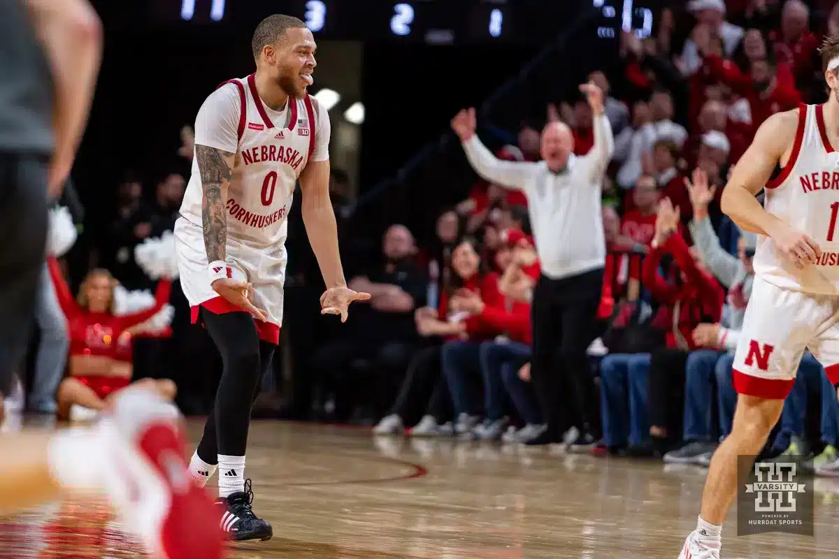 Nebraska Cornhusker guard C.J. Wilcher (0) celbrates a three point shot against the Ohio State Buckeyes in the second half during a college basketball game on Tuesday, January 23, 2024, in Lincoln, Nebraska. Photo by John S. Peterson.