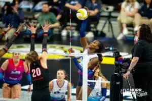 Omaha Supernovas Bethania De La Cruz (18) spikes the ball against the Atlanta Vibe during the first professional volleyball match in the United States on Wednesday, January 24, 2024, in Omaha, Nebraska. Photo by John S. Peterson.