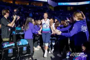 Omaha Supernovas Sydney Hilley (2) leads the team out to take on the Atlanta Vibe during a volleyball match on Wednesday, January 24, 2024, in Omaha, Nebraska. Photo by John S. Peterson.