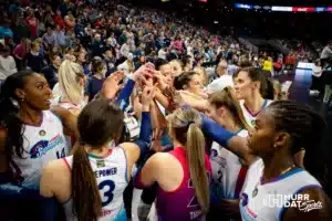 Omaha Supernovas huddle up before taking on the Atlanta Vibe during the first professional volleyball match in the United States on Wednesday, January 24, 2024, in Omaha, Nebraska. Photo by John S. Peterson.