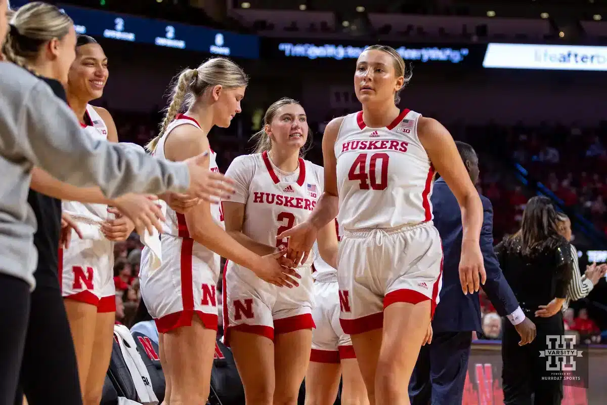 Nebraska Cornhusker center Alexis Markowski (40) gives fives to the bench against the Maryland Terrapins in the second half during a college basketball game on Sunday, December 31, 2023, in Lincoln, Nebraska. Photo by John S. Peterson.