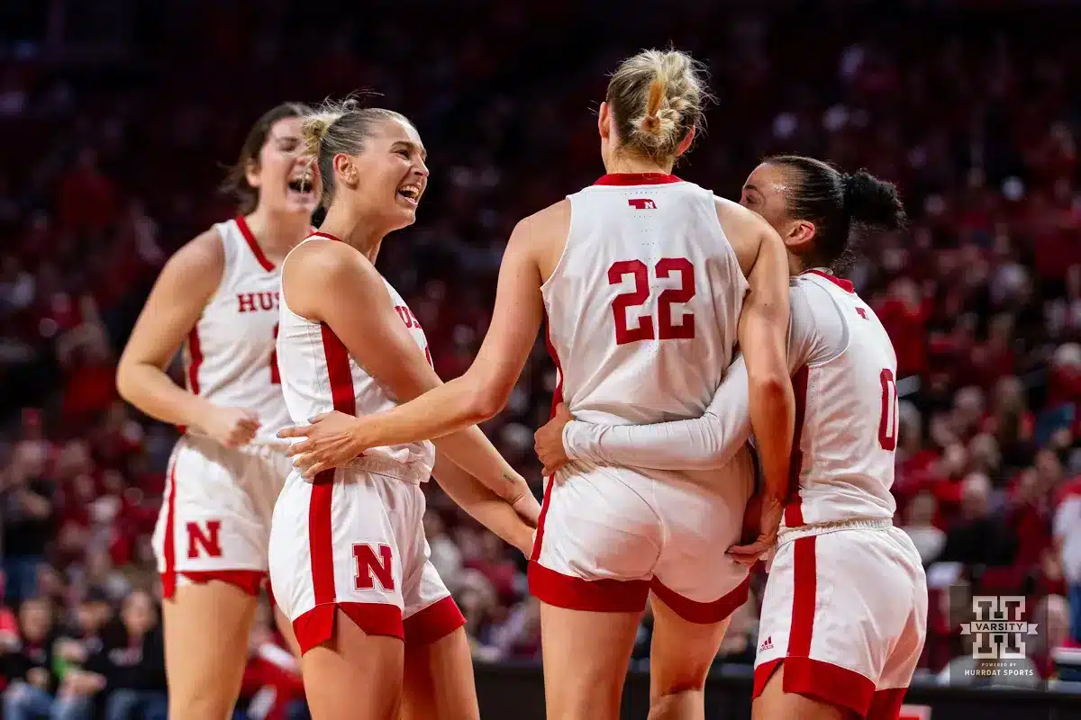 Nebraska Cornhuskers celebrate Natalie Potts getting fouled by Maryland Terrapins in the second half during a college basketball game on Sunday, December 31, 2023, in Lincoln, Nebraska. Photo by John S. Peterson.