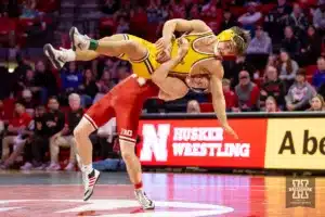 Nebraska Cornhusker Jacob Van Dee throws Wyoming Cowboy Cooper Birdwell during a college wrestling match on Saturday, January 6, 2024, in Lincoln, Nebraska. Photo by John S. Peterson.