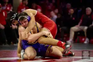 Nebraska Cornhusker Silas Allred wrestles Wyatt Voelker during a college wrestling match on Saturday, January 6, 2024, in Lincoln, Nebraska. Photo by John S. Peterson.